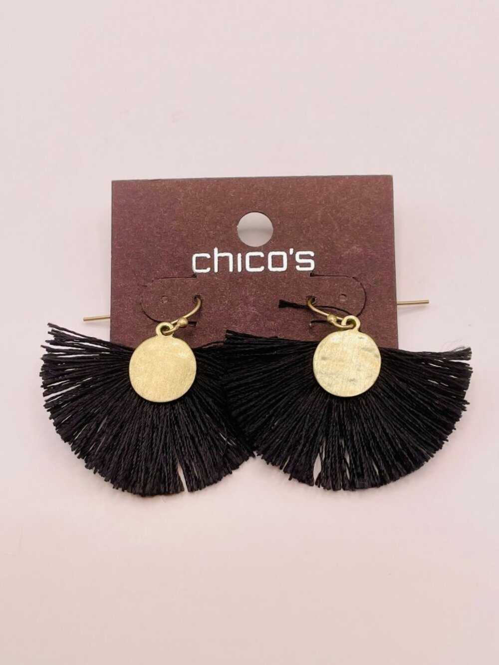 New Chico's Black Fringe Tassel Boho Earrings Gold Disc Accents -83B